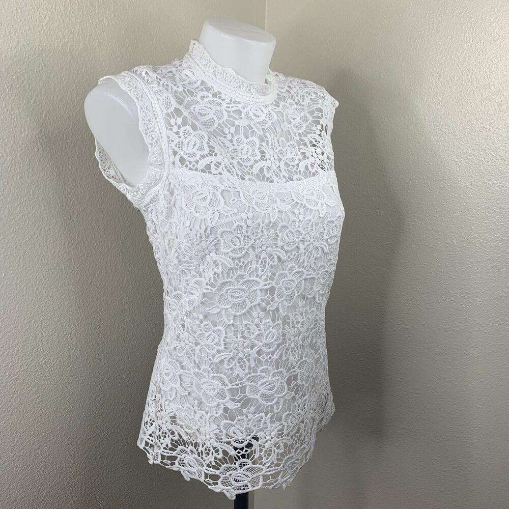 Nanette Lepore Brilliant White Lace Blouse Floral Spring Fling Sleeveless Sz S